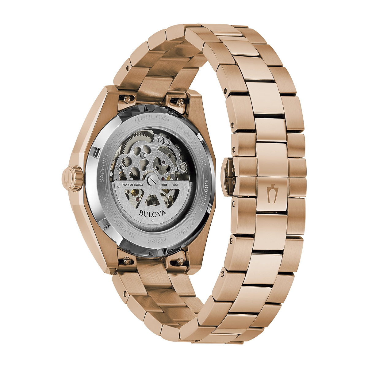 Reloj Bulova análogo, para Hombre, tablero redondo color morado, estilo index, pulso acero color rosa, calendario