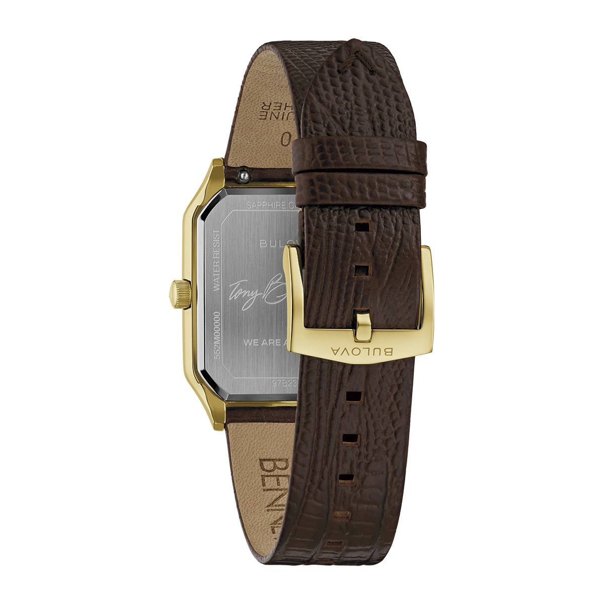 Reloj Bulova análogo, para Hombre, tablero rectangular color negro, estilo index, pulso cuero color café, calendario