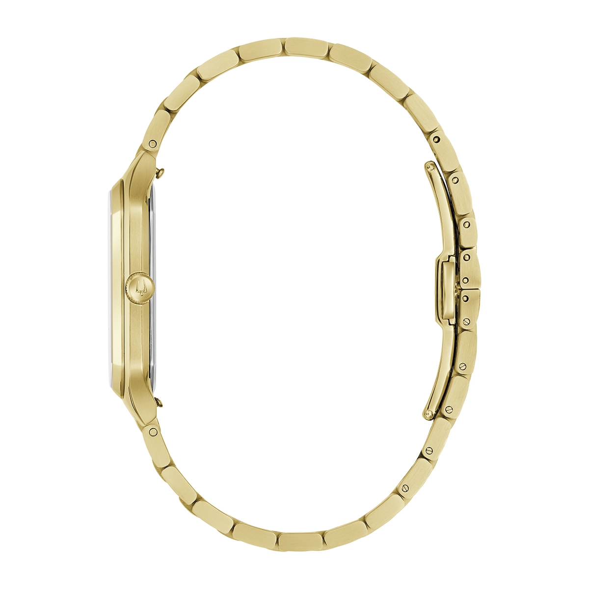 Reloj Bulova análogo, para Hombre, tablero rectangular color plateado, estilo index, pulso acero color dorado, calendario