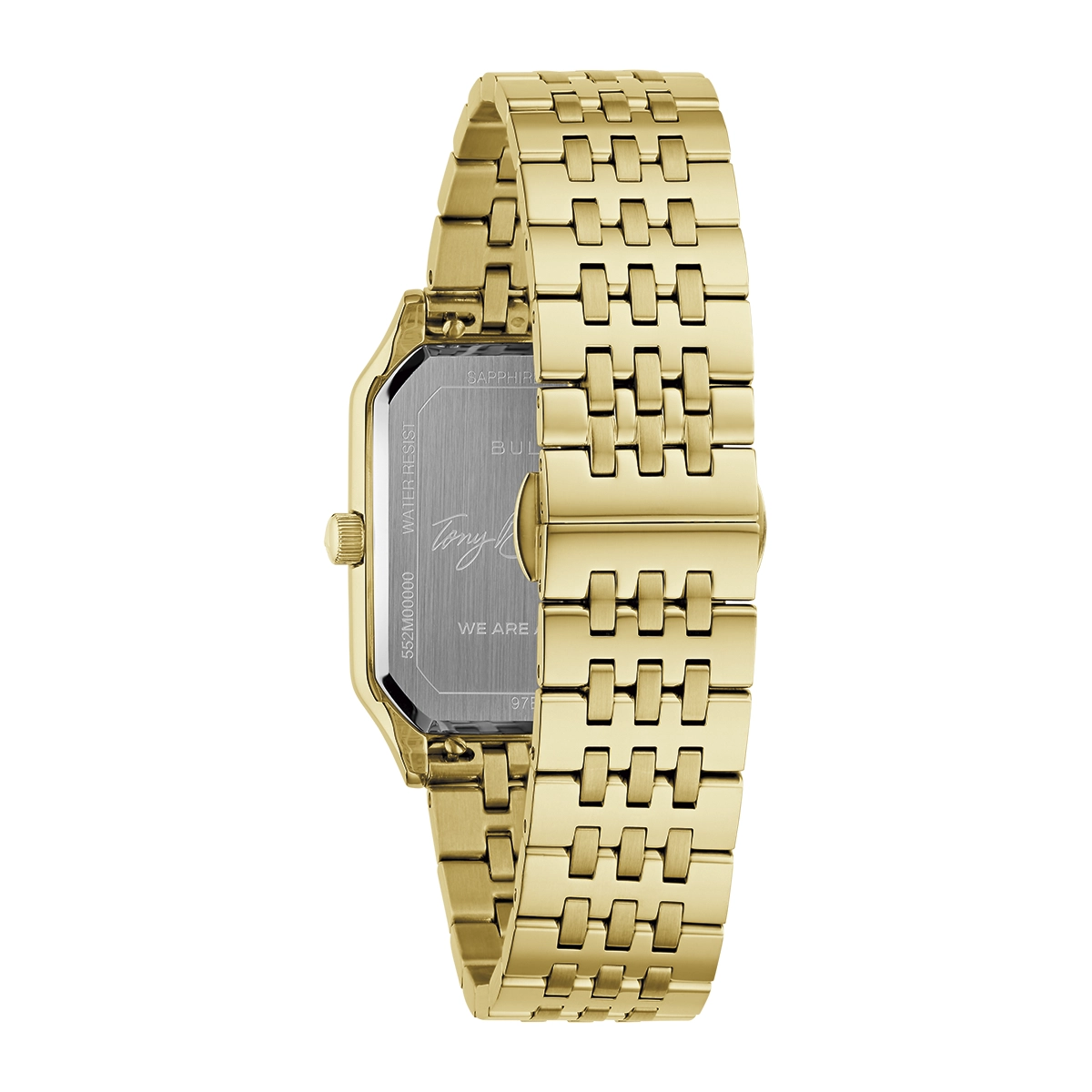 Reloj Bulova análogo, para Hombre, tablero rectangular color plateado, estilo index, pulso acero color dorado, calendario
