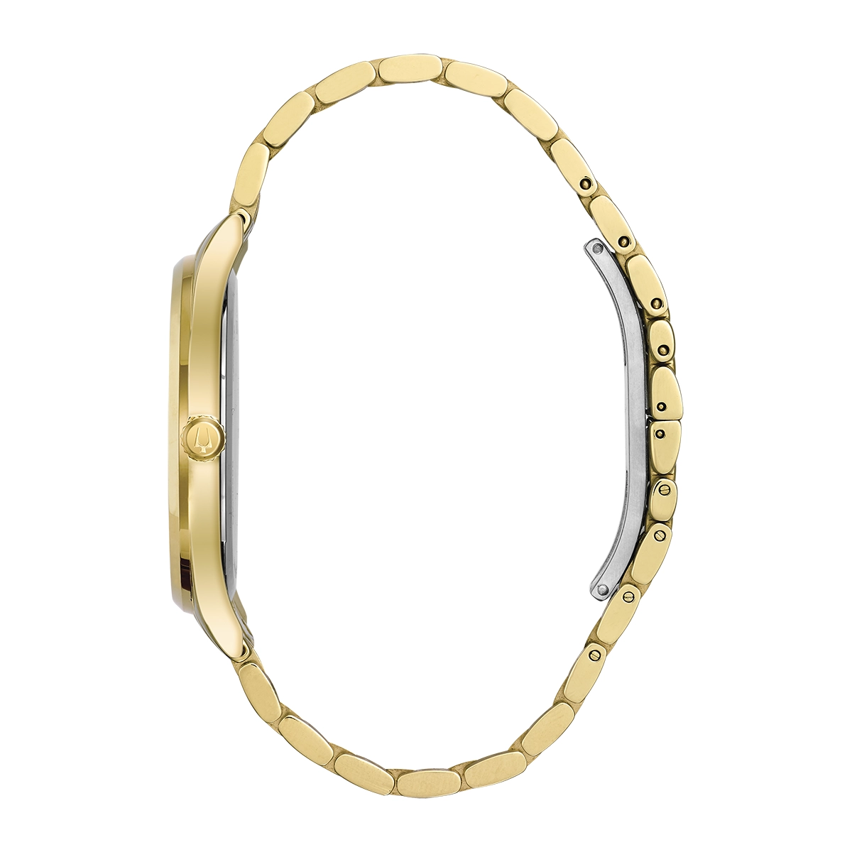 Reloj Bulova análogo, para Hombre, tablero redondo colores negro y dorado, estilo puntos + romano, pulso acero color dorado, calendario