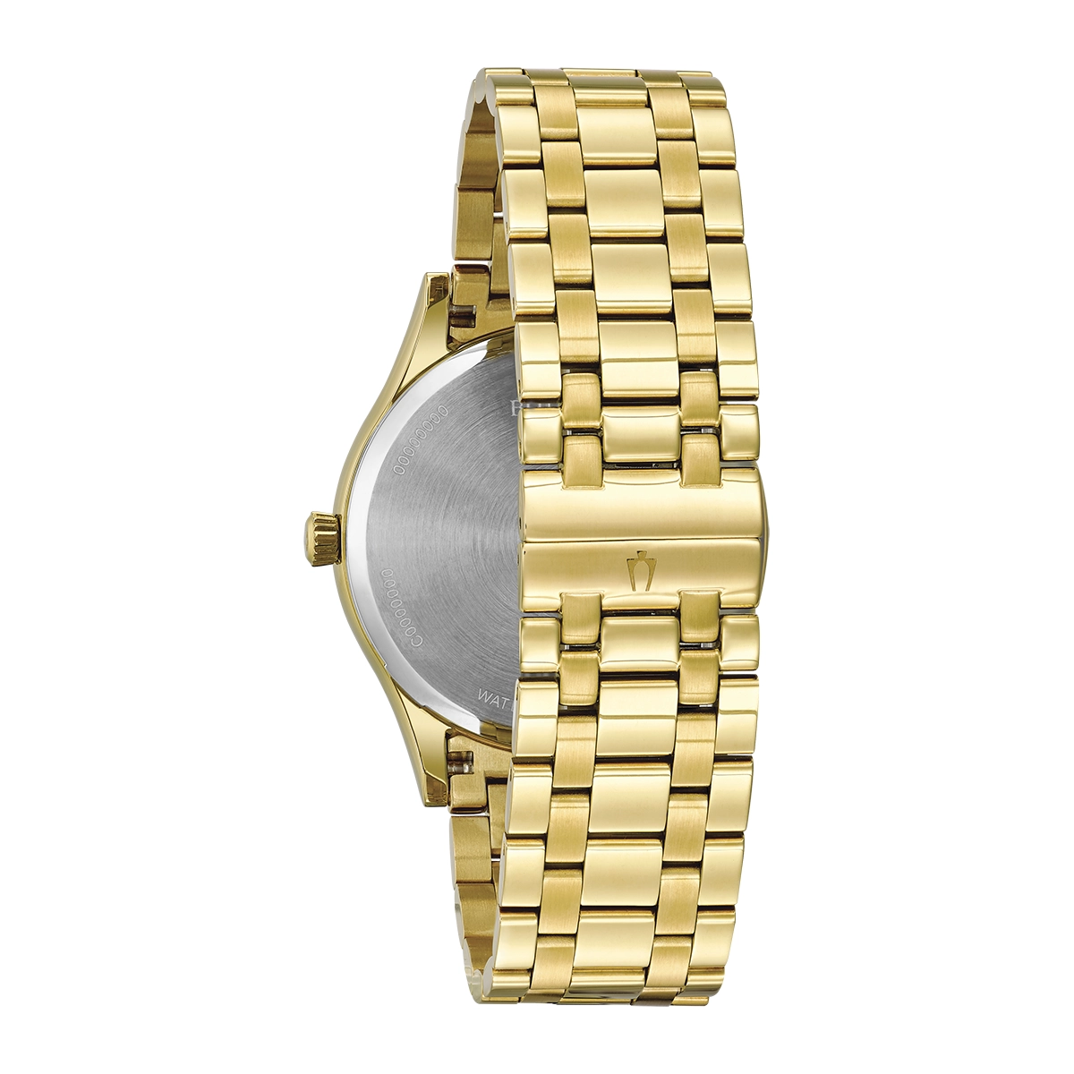 Reloj Bulova análogo, para Hombre, tablero redondo colores negro y dorado, estilo puntos + romano, pulso acero color dorado, calendario