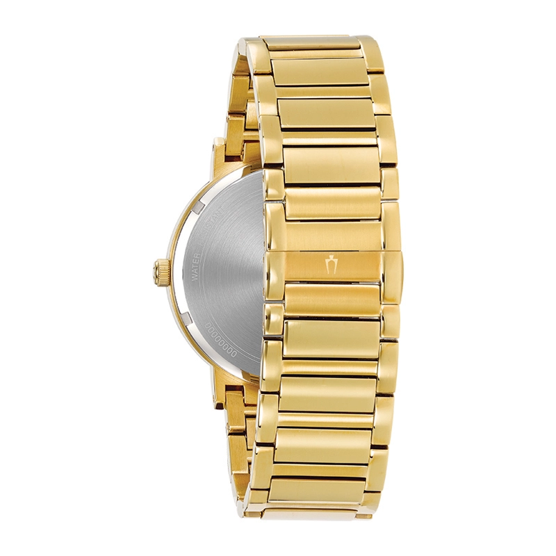 Reloj Bulova análogo, para Hombre, tablero redondo colores negro y dorado, estilo index + puntos, pulso acero color dorado, calendario