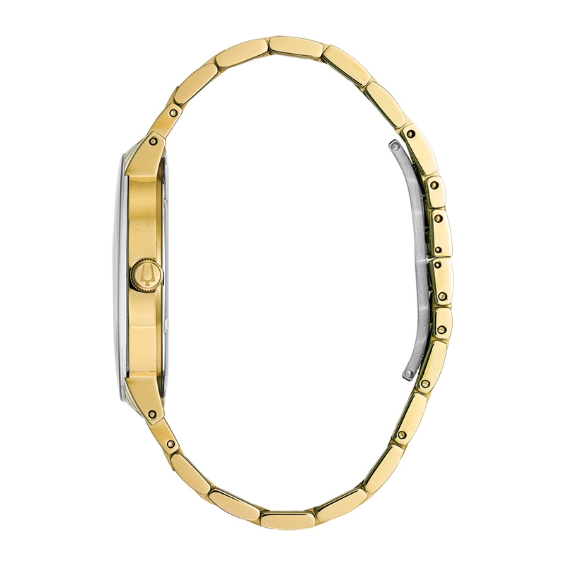 Reloj Bulova análogo, para Hombre, tablero redondo colores negro y dorado, estilo index + puntos, pulso acero color dorado, calendario