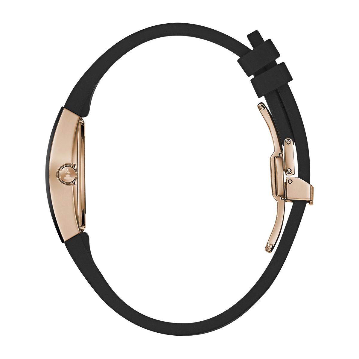 Reloj Bulova analogo, para Dama, tablero rectangular colores negro y rosa, estilo index, pulso silicona color negro