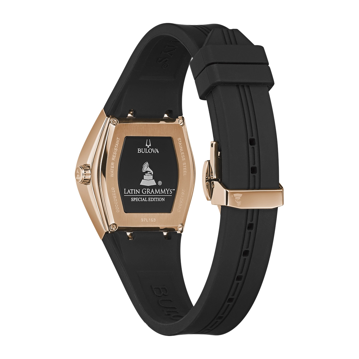 Reloj Bulova analogo, para Dama, tablero rectangular colores negro y rosa, estilo index, pulso silicona color negro