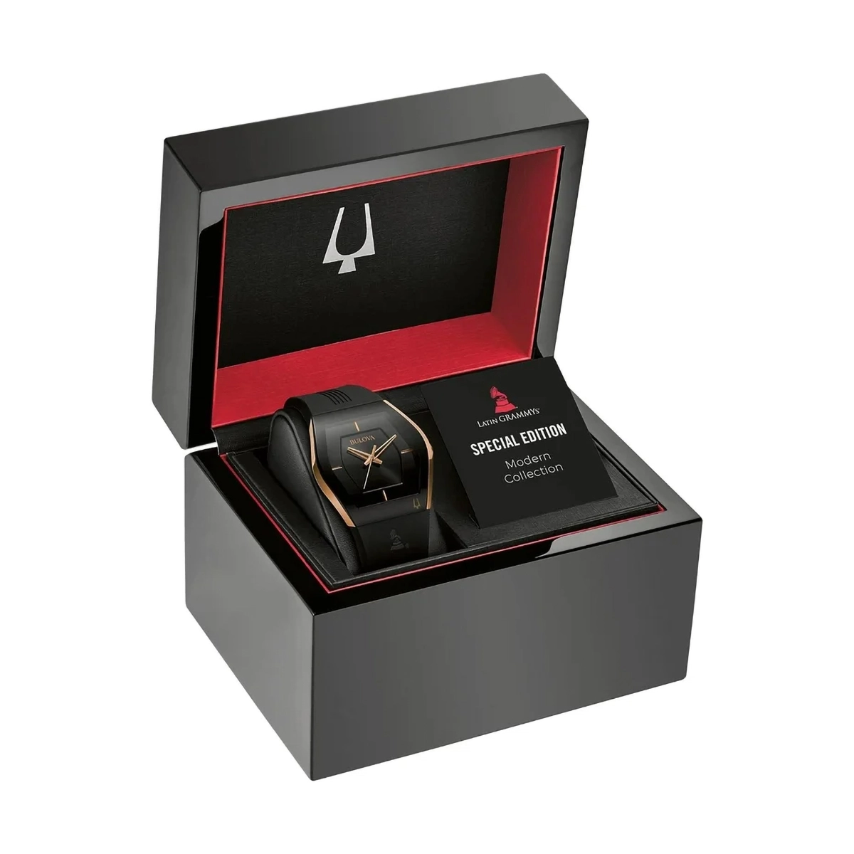 Reloj Bulova analogo, para Dama, tablero rectangular colores negro y rosa, estilo index, pulso silicona color negro