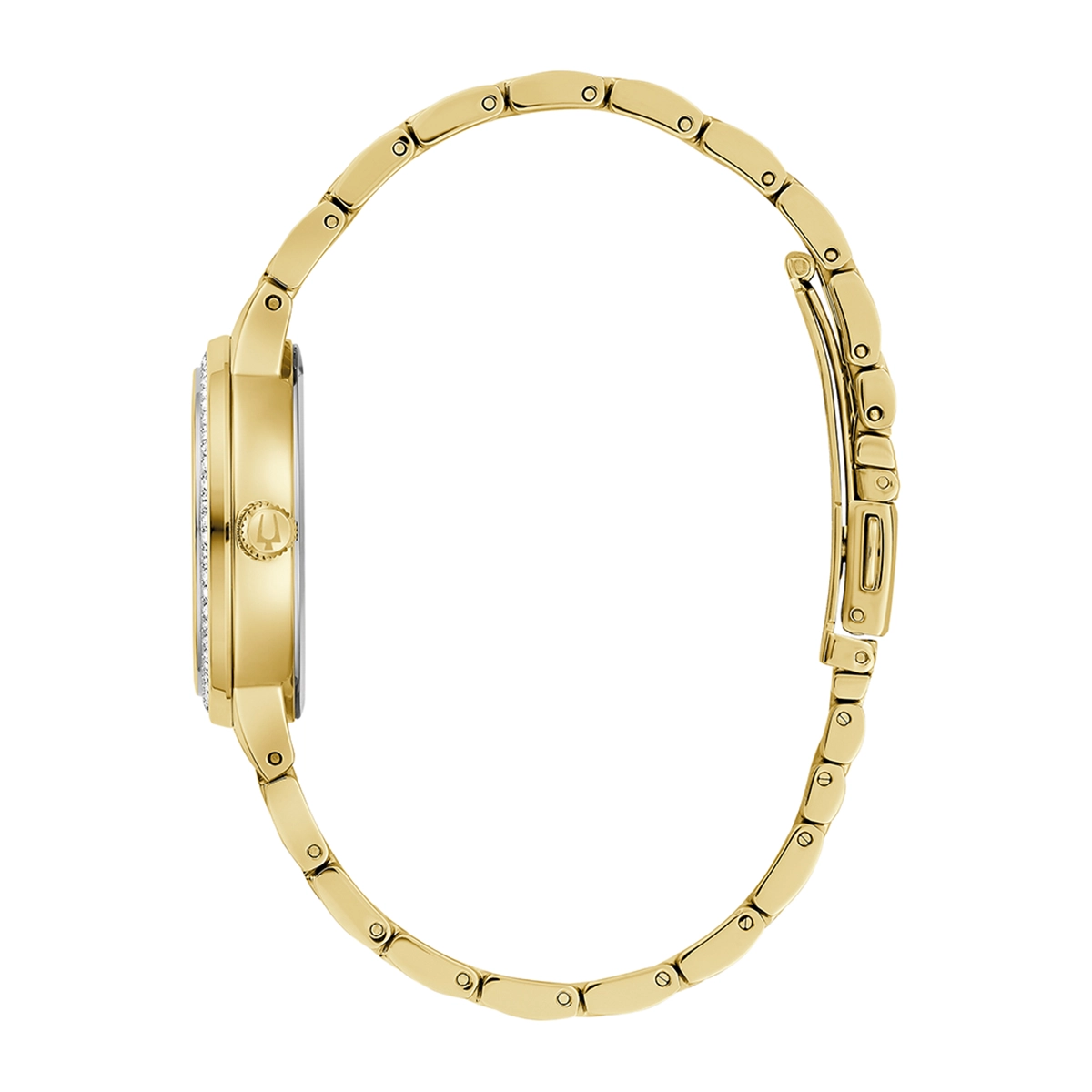 Reloj Bulova análogo, para Dama, tablero redondo color dorado, estilo index + puntos, pulso acero color dorado