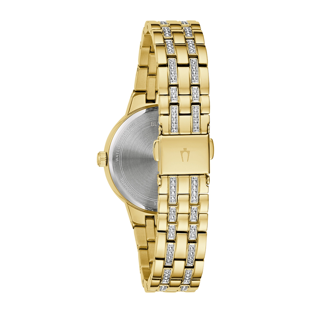 Reloj Bulova análogo, para Dama, tablero redondo color dorado, estilo index + puntos, pulso acero color dorado