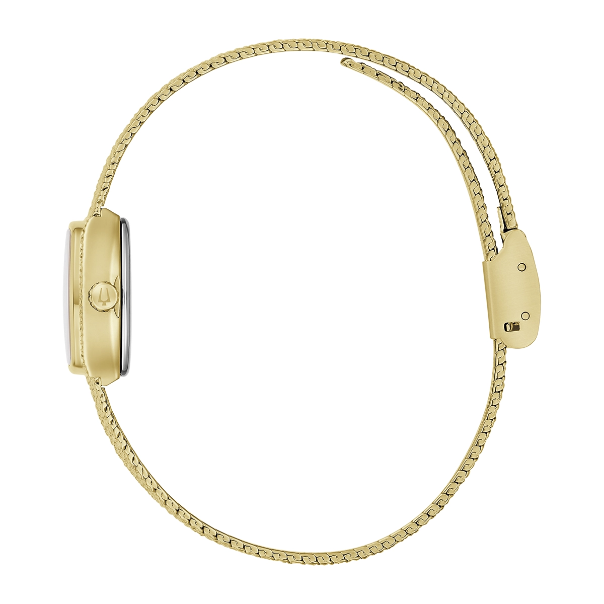 Reloj Bulova análogo, para Dama, tablero rectangular color verde, estilo index, pulso acero color dorado