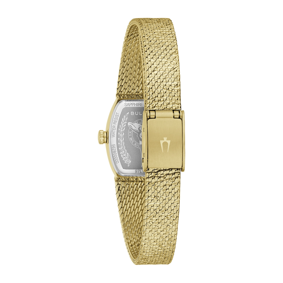 Reloj Bulova análogo, para Dama, tablero rectangular color verde, estilo index, pulso acero color dorado