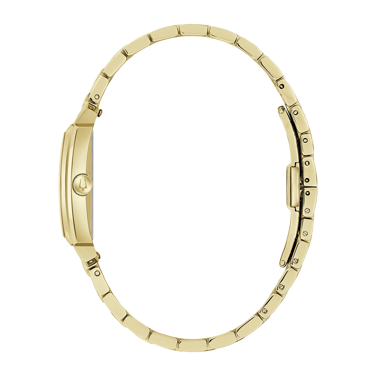 Reloj Bulova análogo, para Dama, tablero rectangular color blanco, estilo arábigos, pulso acero color dorado