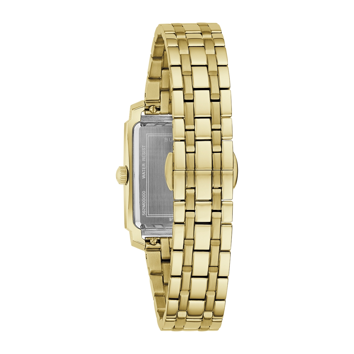 Reloj Bulova análogo, para Dama, tablero rectangular color blanco, estilo arábigos, pulso acero color dorado
