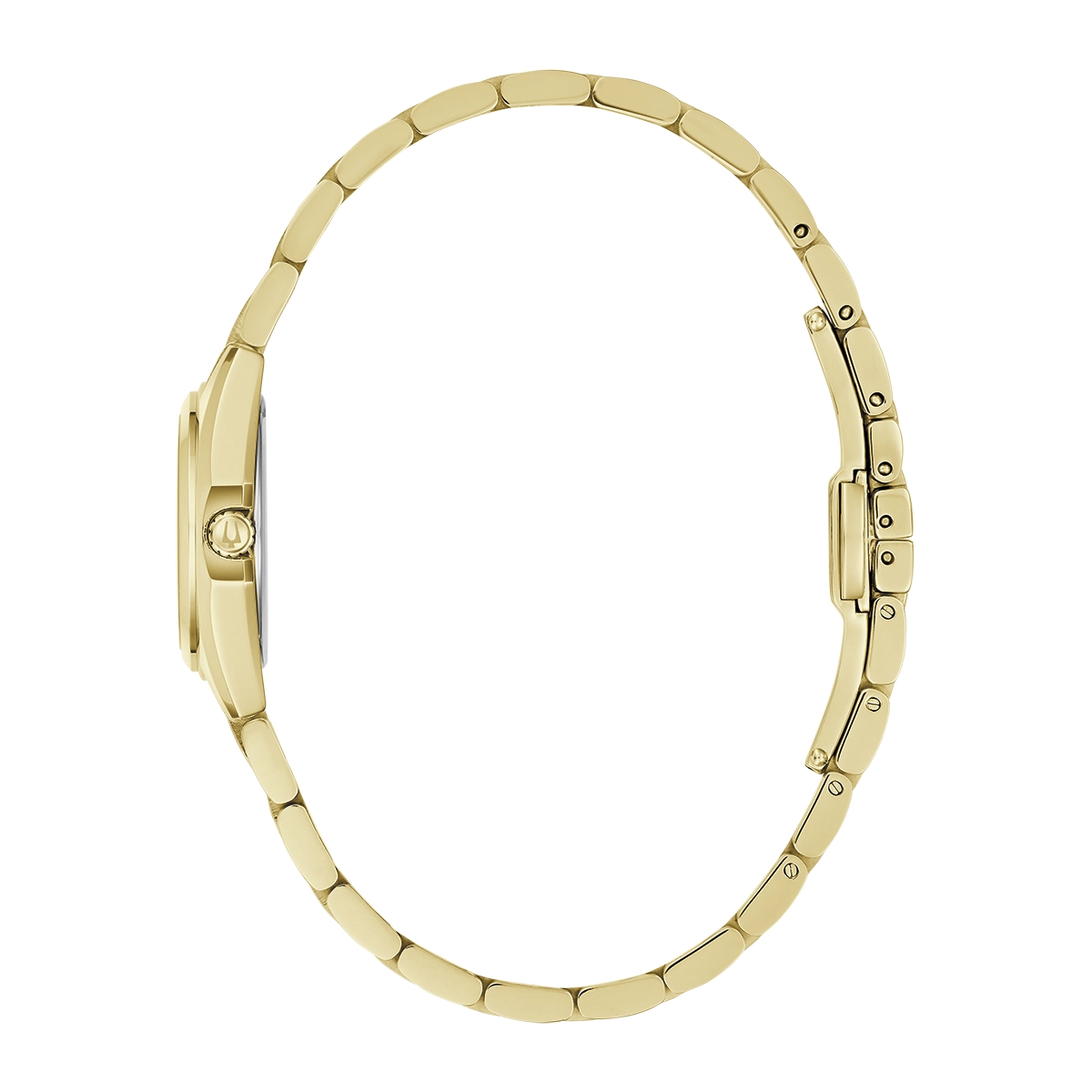Reloj Bulova análogo, para Dama, tablero redondo color rosado, estilo index, pulso acero color dorado