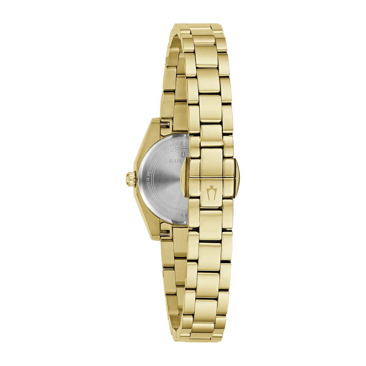 Reloj Bulova análogo, para Dama, tablero redondo color rosado, estilo index, pulso acero color dorado