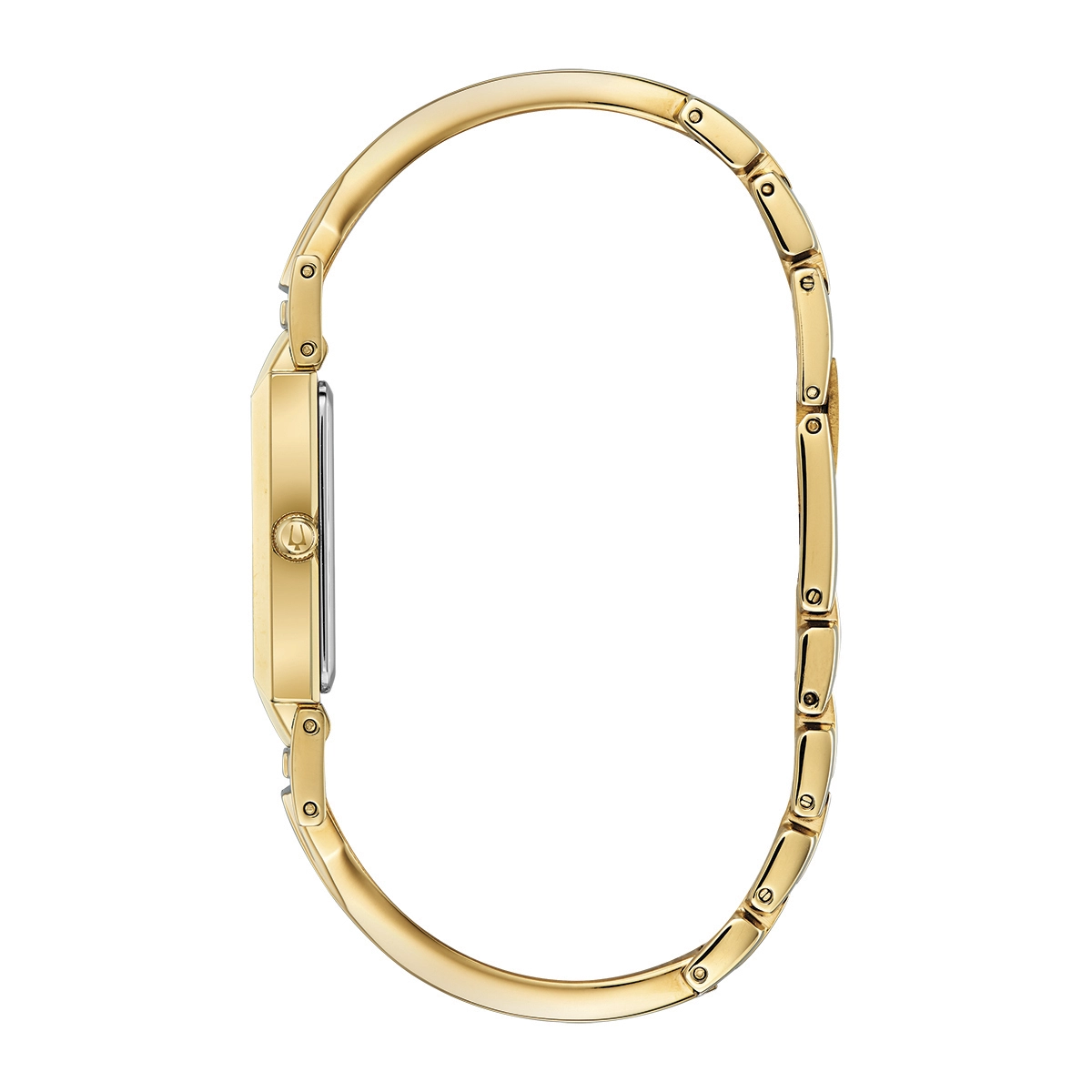 Reloj Bulova analogo, para Dama, tablero rectangular color blanco, estilo puntos, pulso acero color dorado