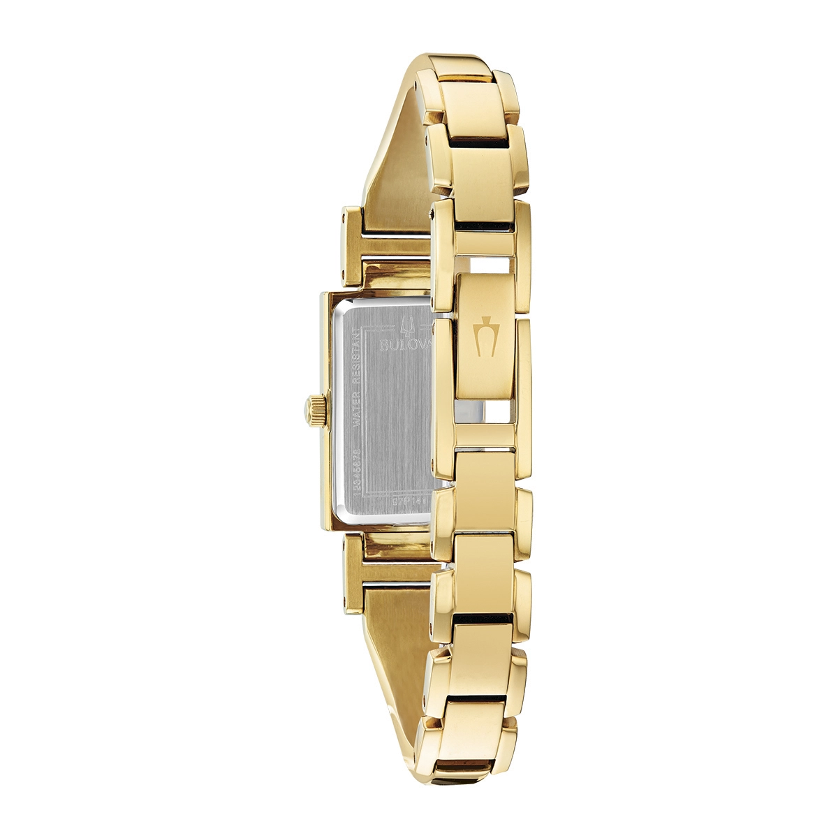 Reloj Bulova analogo, para Dama, tablero rectangular color blanco, estilo puntos, pulso acero color dorado
