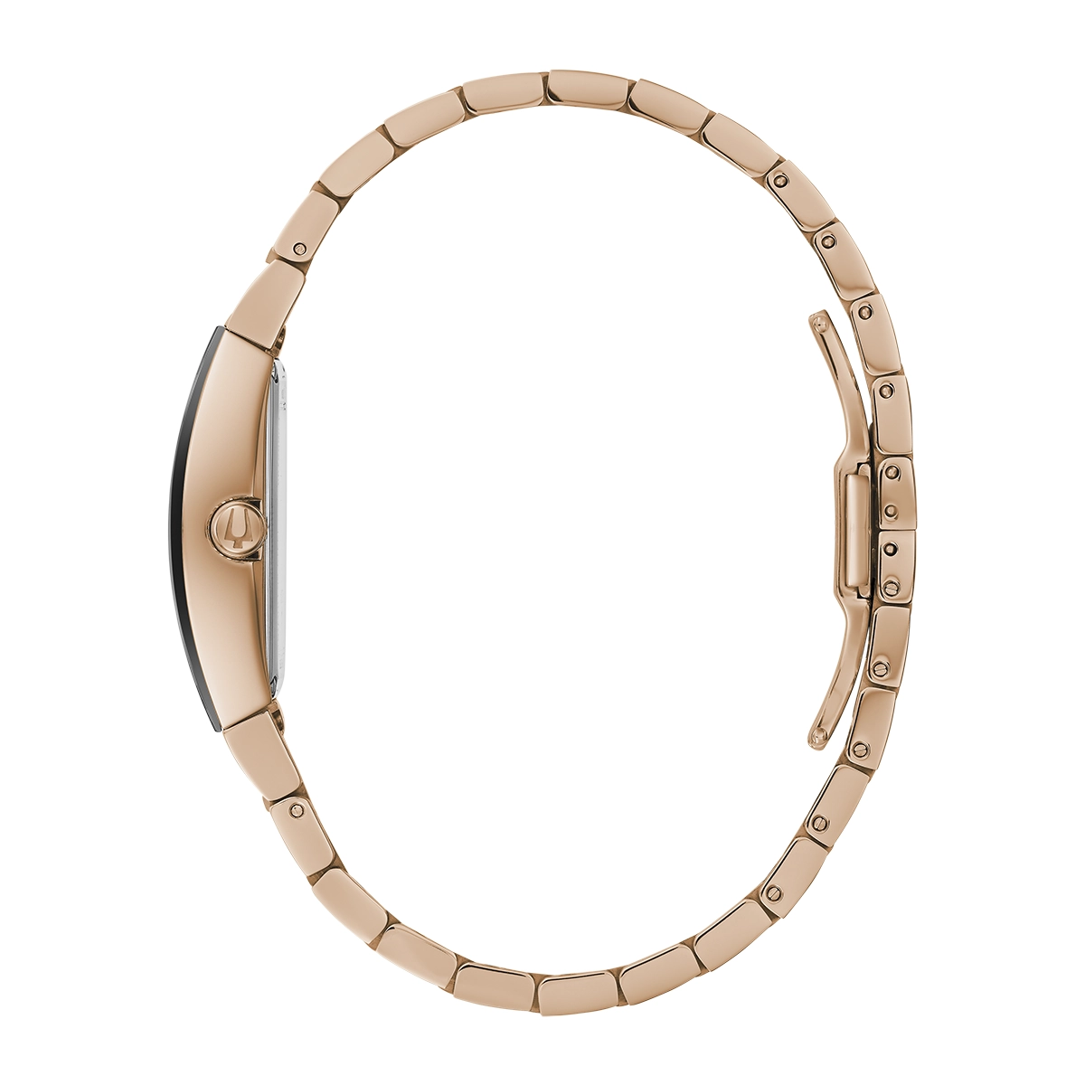 Reloj Bulova análogo, para Dama, tablero cuadrado color negro, estilo puntos, pulso acero color rosa