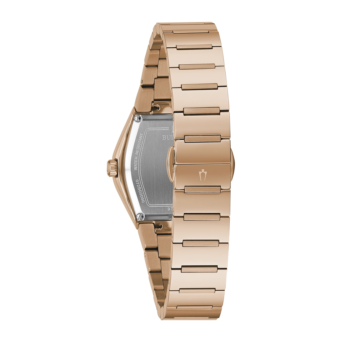 Reloj Bulova análogo, para Dama, tablero cuadrado color negro, estilo puntos, pulso acero color rosa