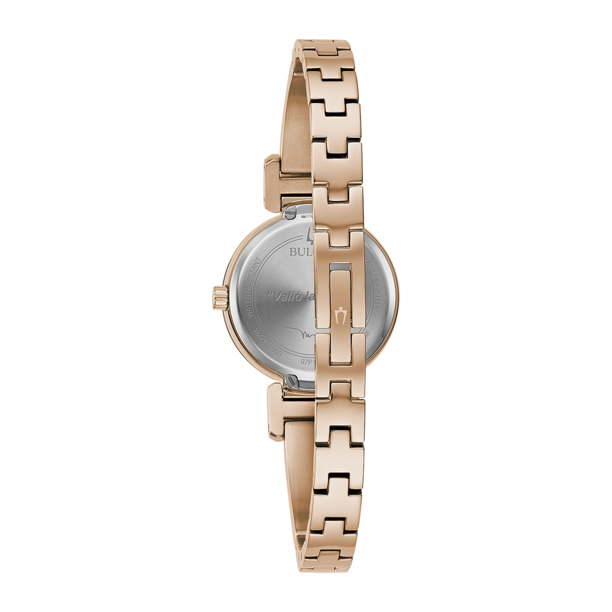 Reloj Bulova análogo, para Dama, tablero redondo colores negro y rosa, estilo puntos, pulso acero color rosa