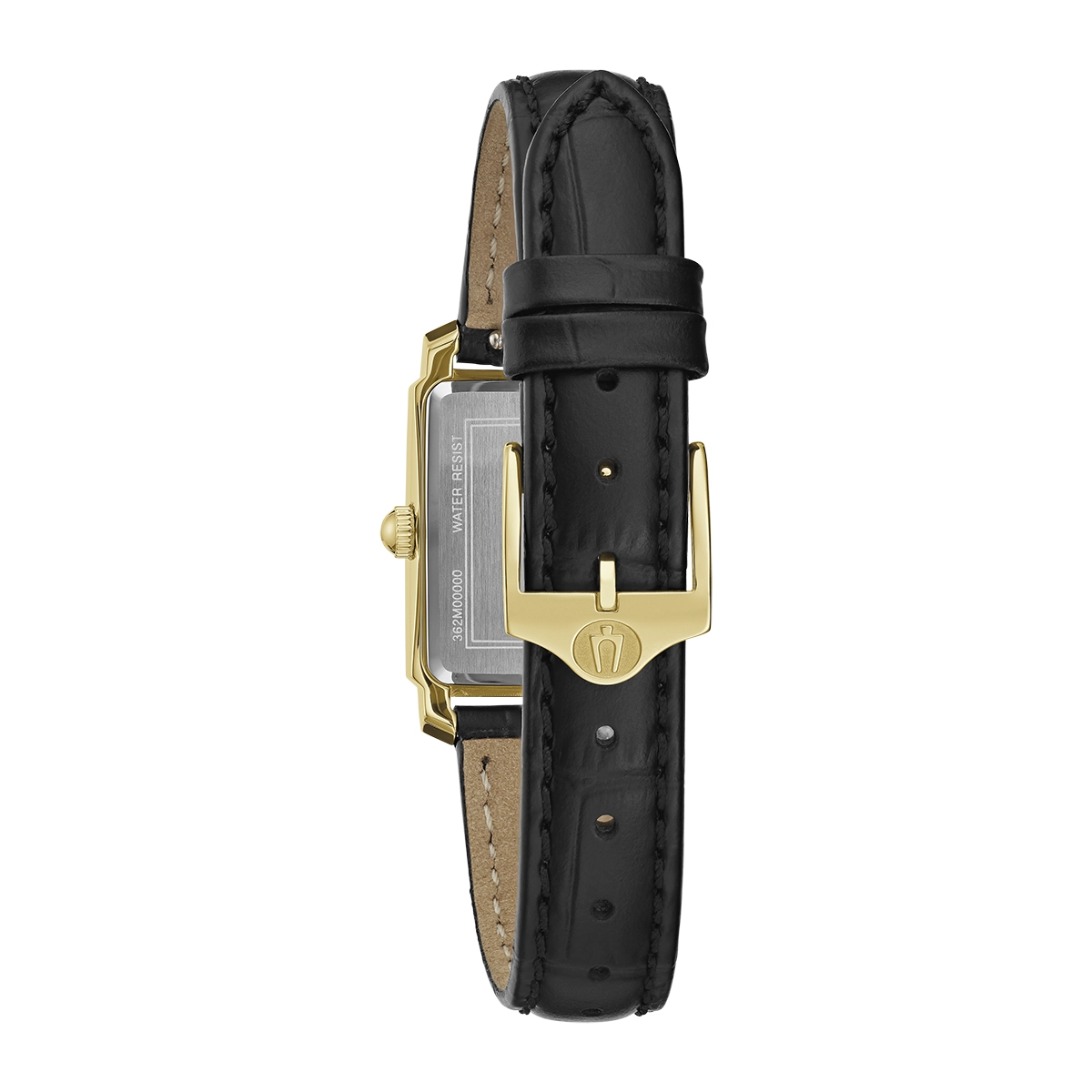 Reloj Bulova análogo, para Dama, tablero rectangular color blanco, estilo index, pulso cuero color negro
