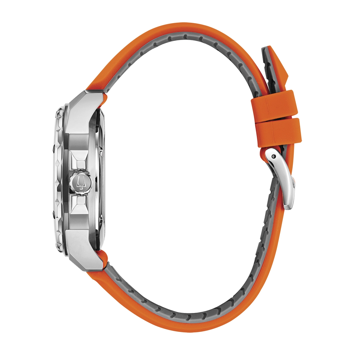 Reloj Bulova análogo, para Hombre, tablero redondo colores plateado y naranja, estilo index + romano, pulso silicona colores naranja y gris