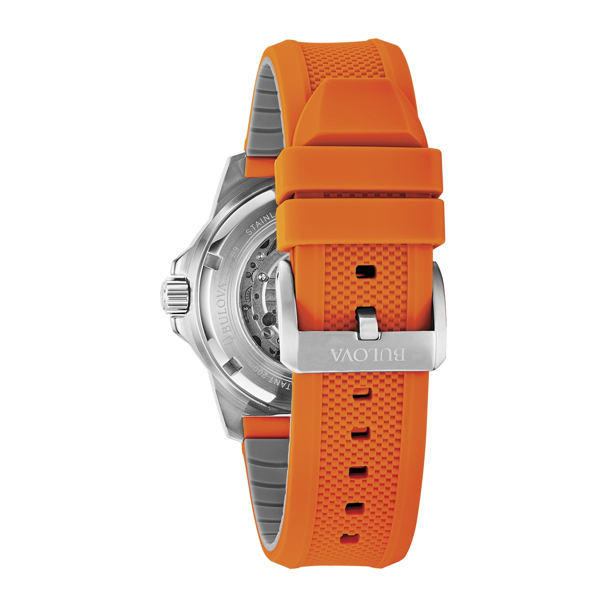 Reloj Bulova análogo, para Hombre, tablero redondo colores plateado y naranja, estilo index + romano, pulso silicona colores naranja y gris