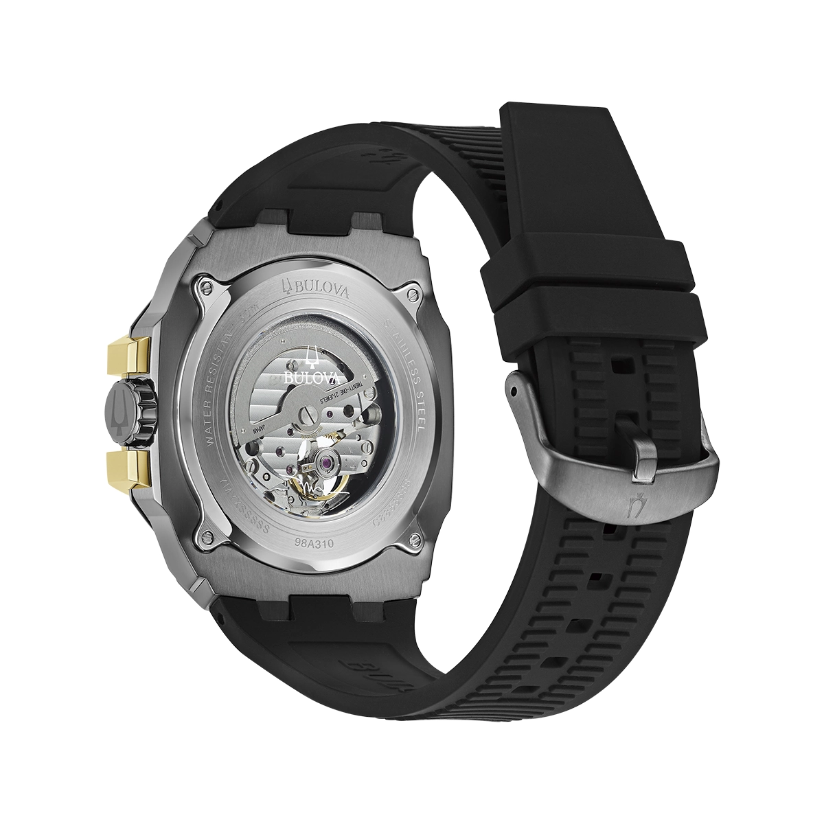 Reloj Bulova análogo, para Hombre, tablero redondo color negro, estilo index, pulso silicona color negro, calendario