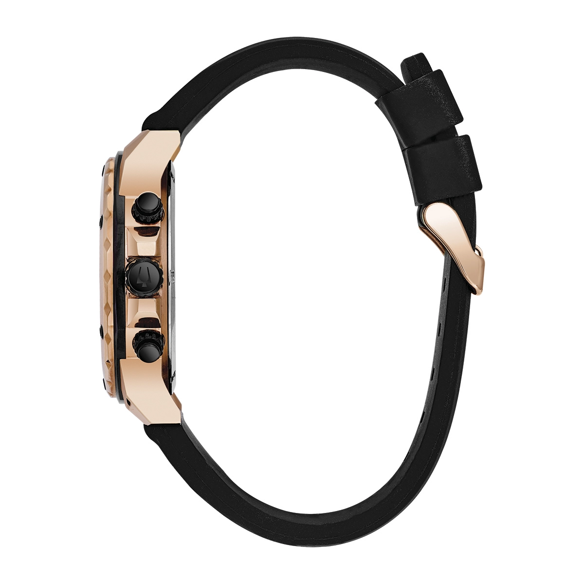 Reloj Bulova analogo, para Hombre, tablero redondo colores negro y rosa, estilo index + romano, pulso silicona color negro, calendario, cronografo