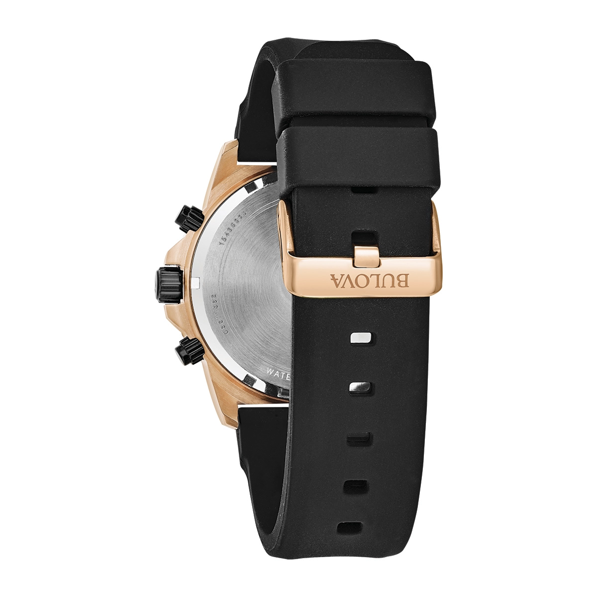Reloj Bulova analogo, para Hombre, tablero redondo colores negro y rosa, estilo index + romano, pulso silicona color negro, calendario, cronografo