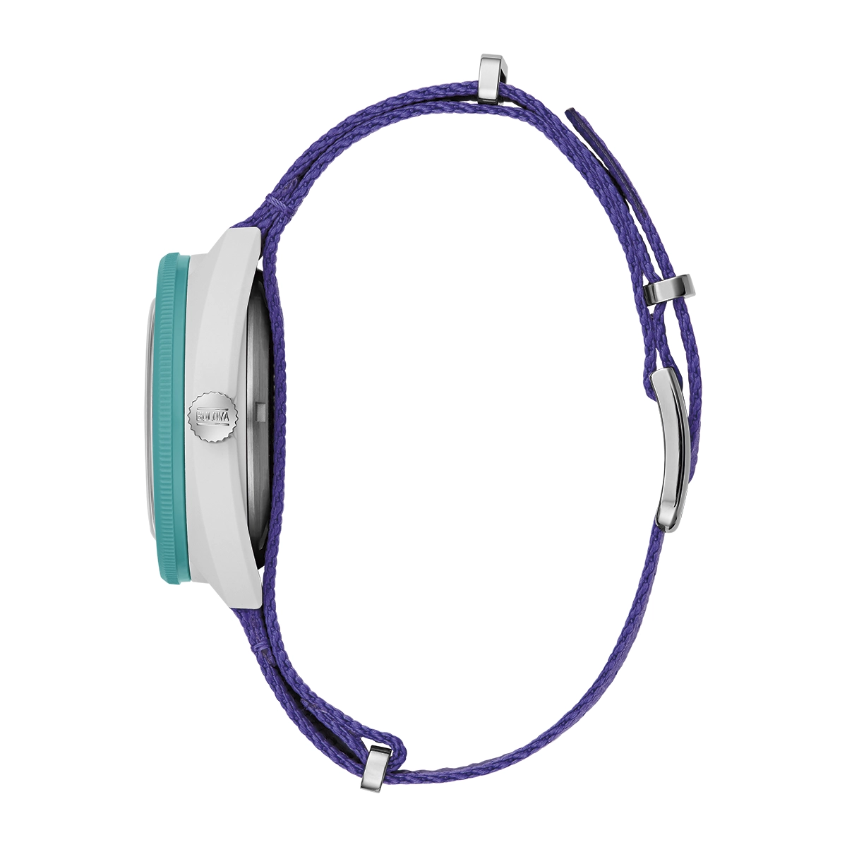 Reloj Bulova análogo, Unisex, tablero redondo color verde, estilo index, pulso lona color morado, calendario