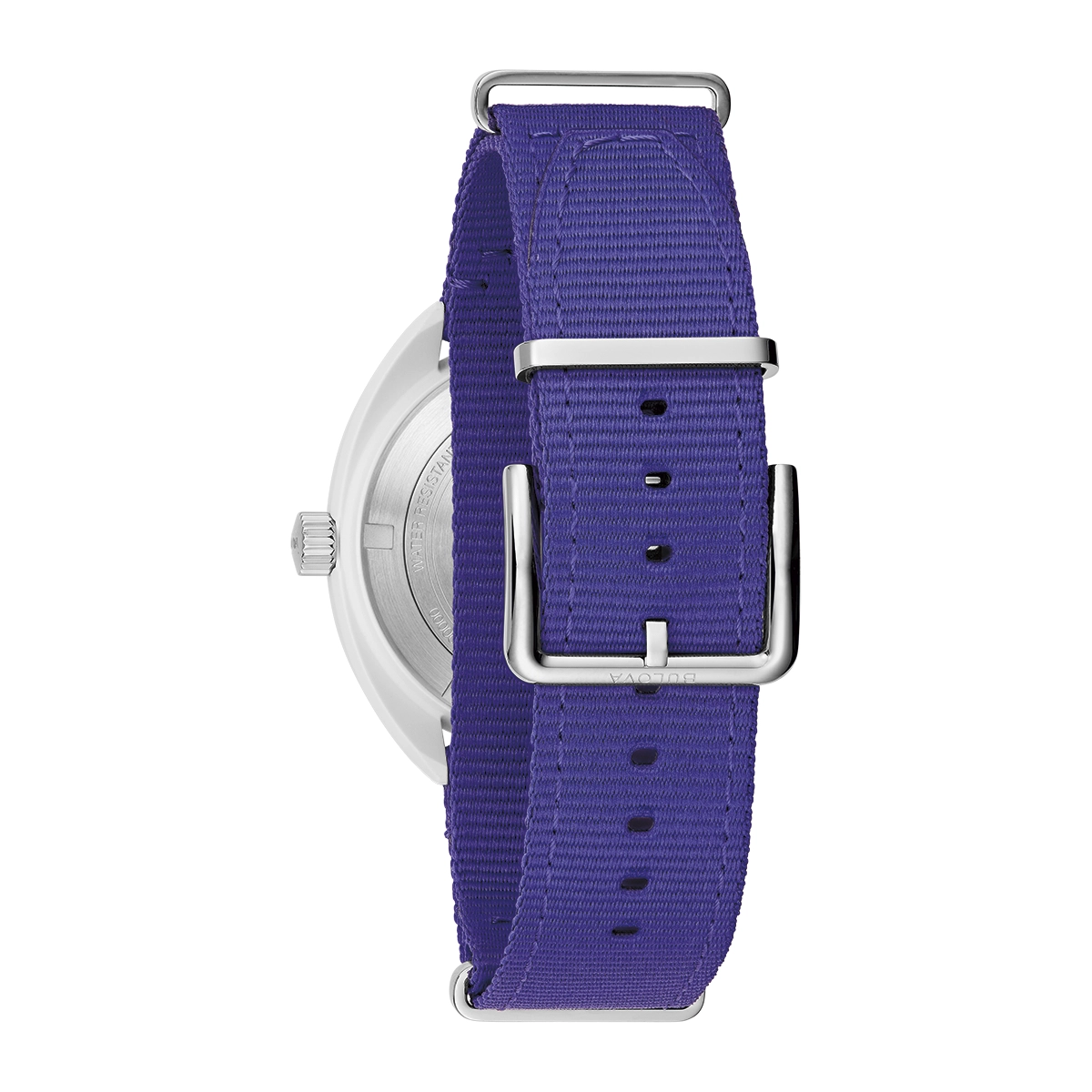 Reloj Bulova análogo, Unisex, tablero redondo color verde, estilo index, pulso lona color morado, calendario