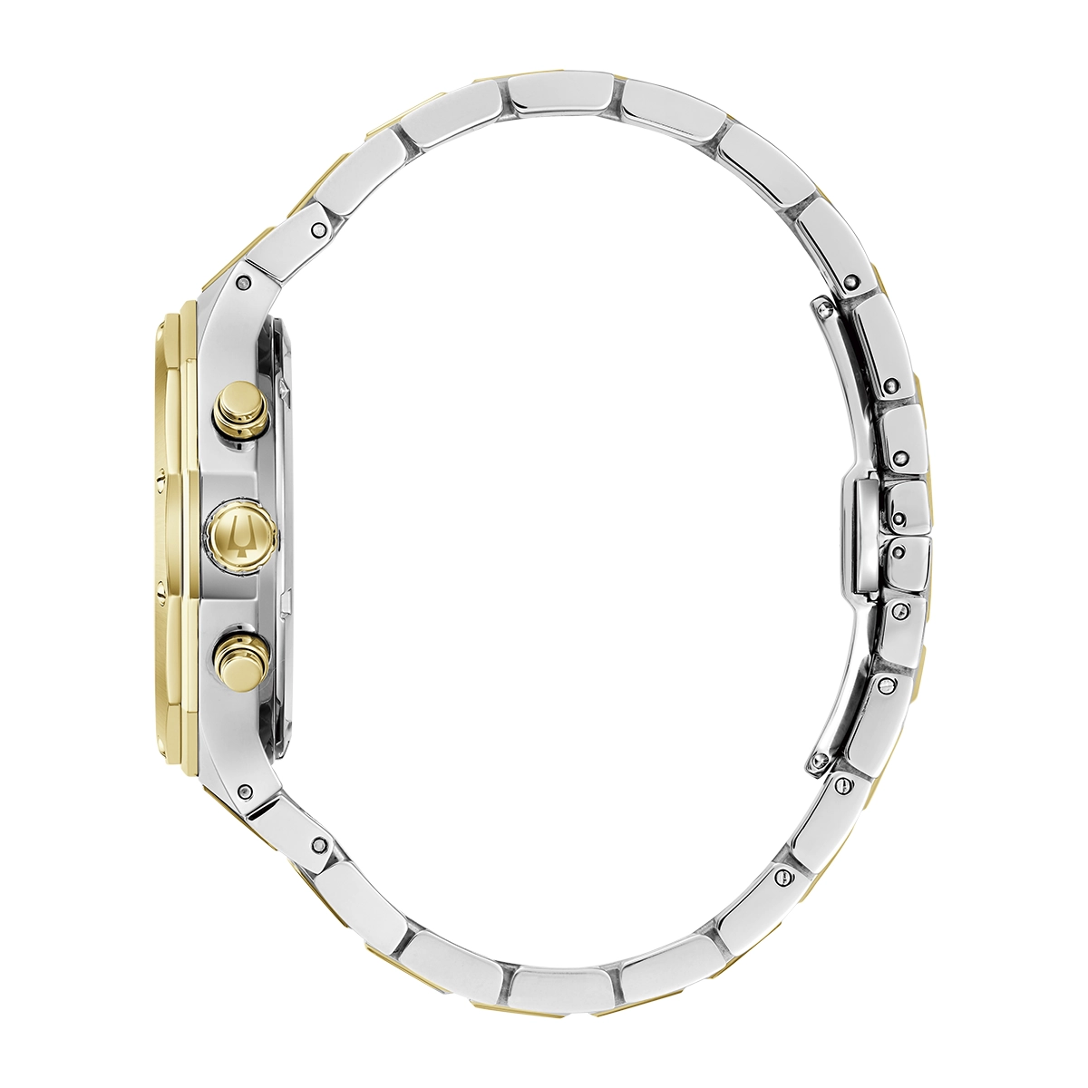 Reloj Bulova análogo, para Hombre, tablero redondo colores blanco y dorado, estilo index, pulso acero colores plateado y dorado, calendario, cronografo