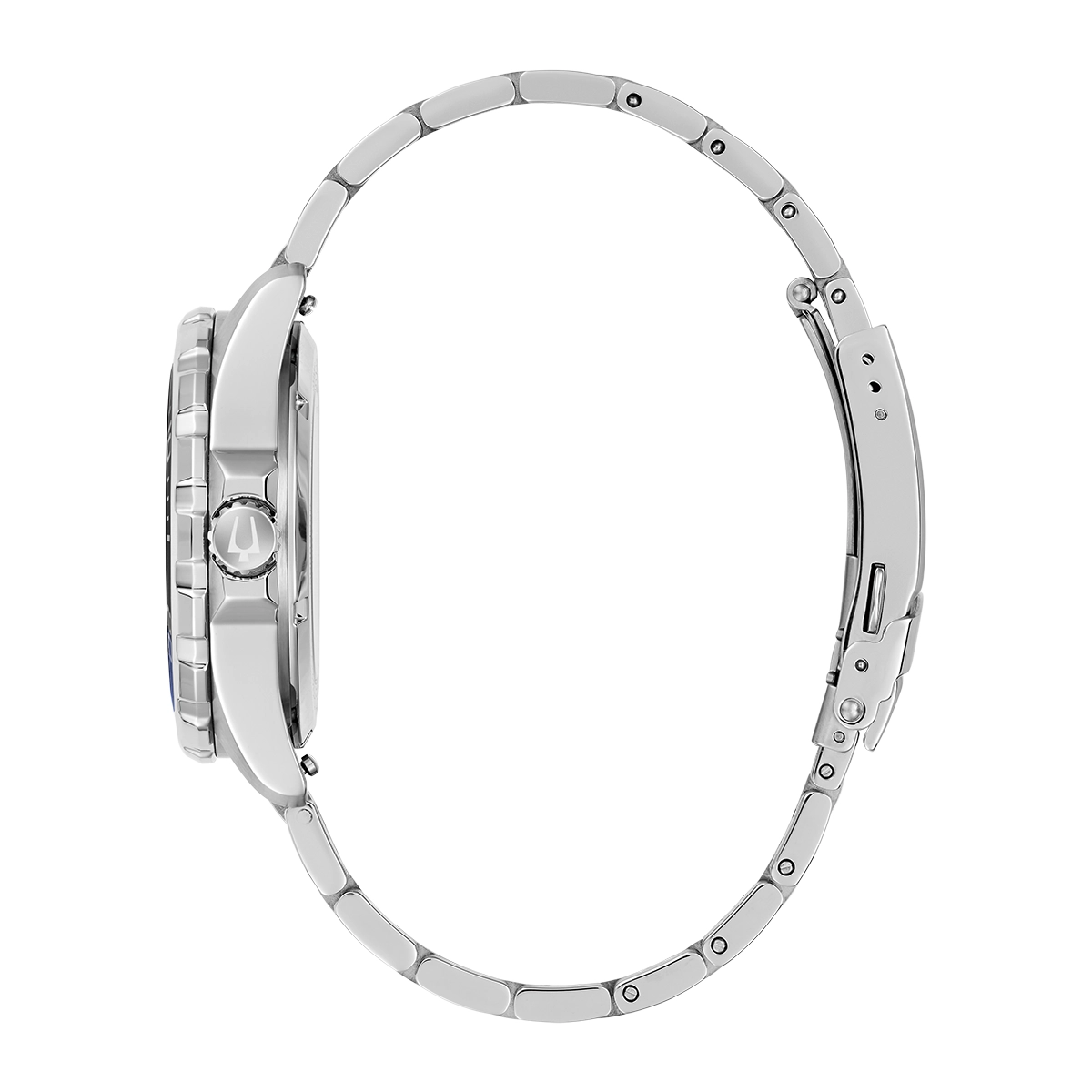 Reloj Bulova análogo, para Hombre, tablero redondo color azul, estilo index, pulso acero color plateado, calendario