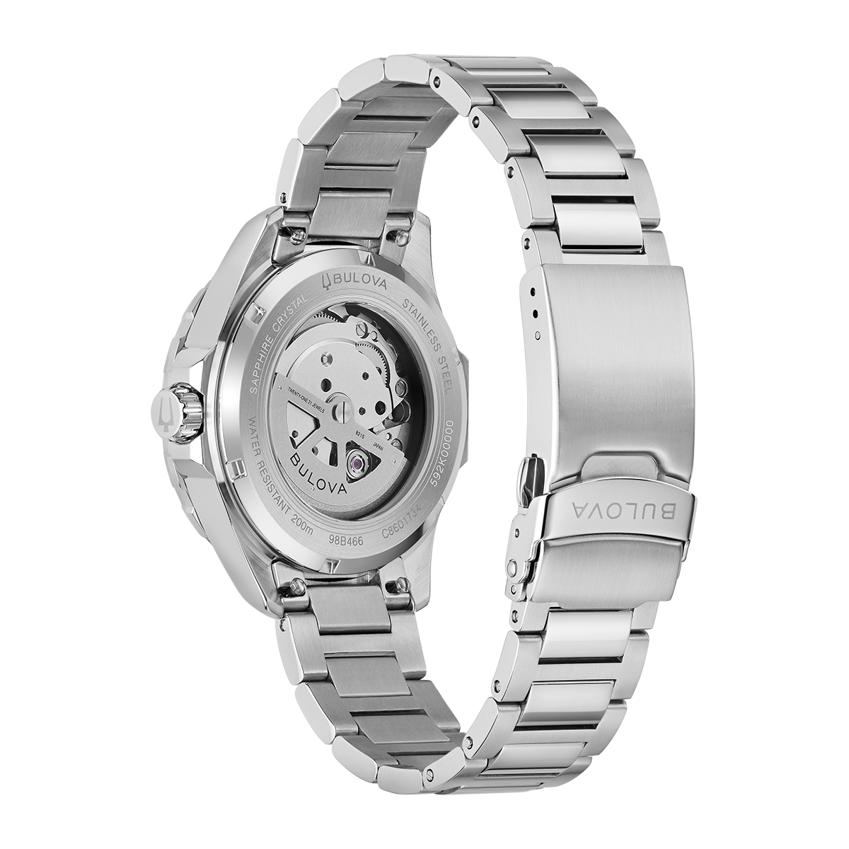 Reloj Bulova análogo, para Hombre, tablero redondo color azul, estilo index, pulso acero color plateado, calendario