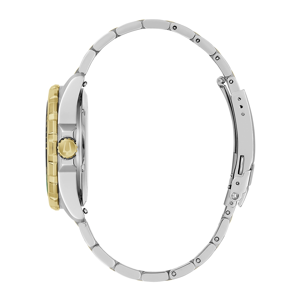 Reloj Bulova análogo, para Hombre, tablero redondo colores verde y blanco, estilo index, pulso acero colores plateado y dorado, calendario