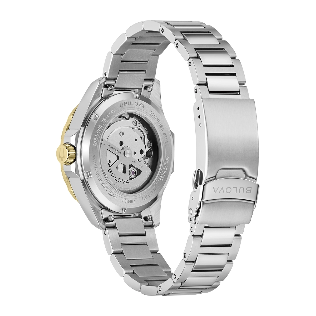 Reloj Bulova análogo, para Hombre, tablero redondo colores verde y blanco, estilo index, pulso acero colores plateado y dorado, calendario