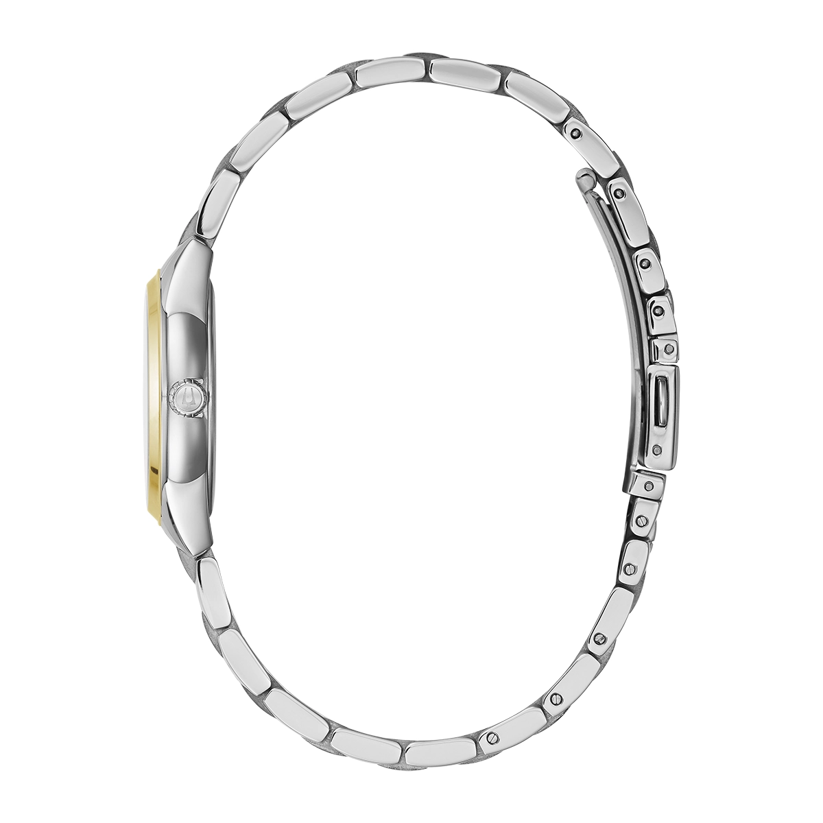 Reloj Bulova análogo, para Dama, tablero redondo colores plateado y dorado, estilo index, pulso acero colores plateado y dorado