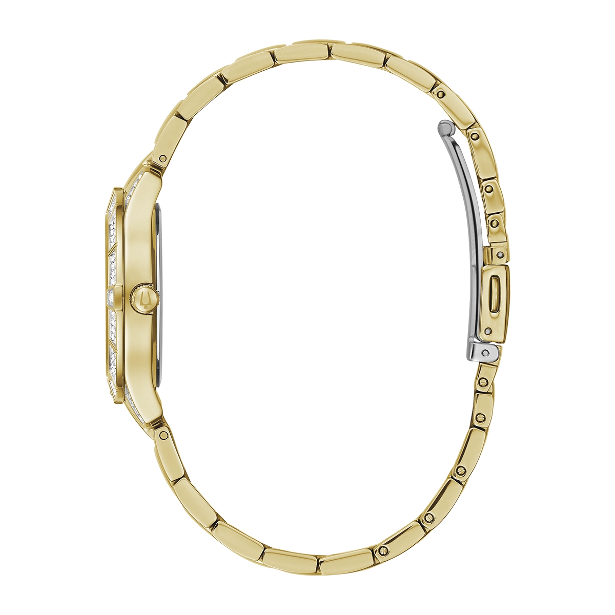 Reloj Bulova análogo, para Dama, tablero redondo color blanco, estilo puntos, pulso acero color dorado