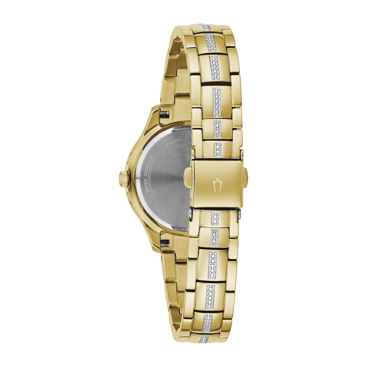 Reloj Bulova análogo, para Dama, tablero redondo color blanco, estilo puntos, pulso acero color dorado