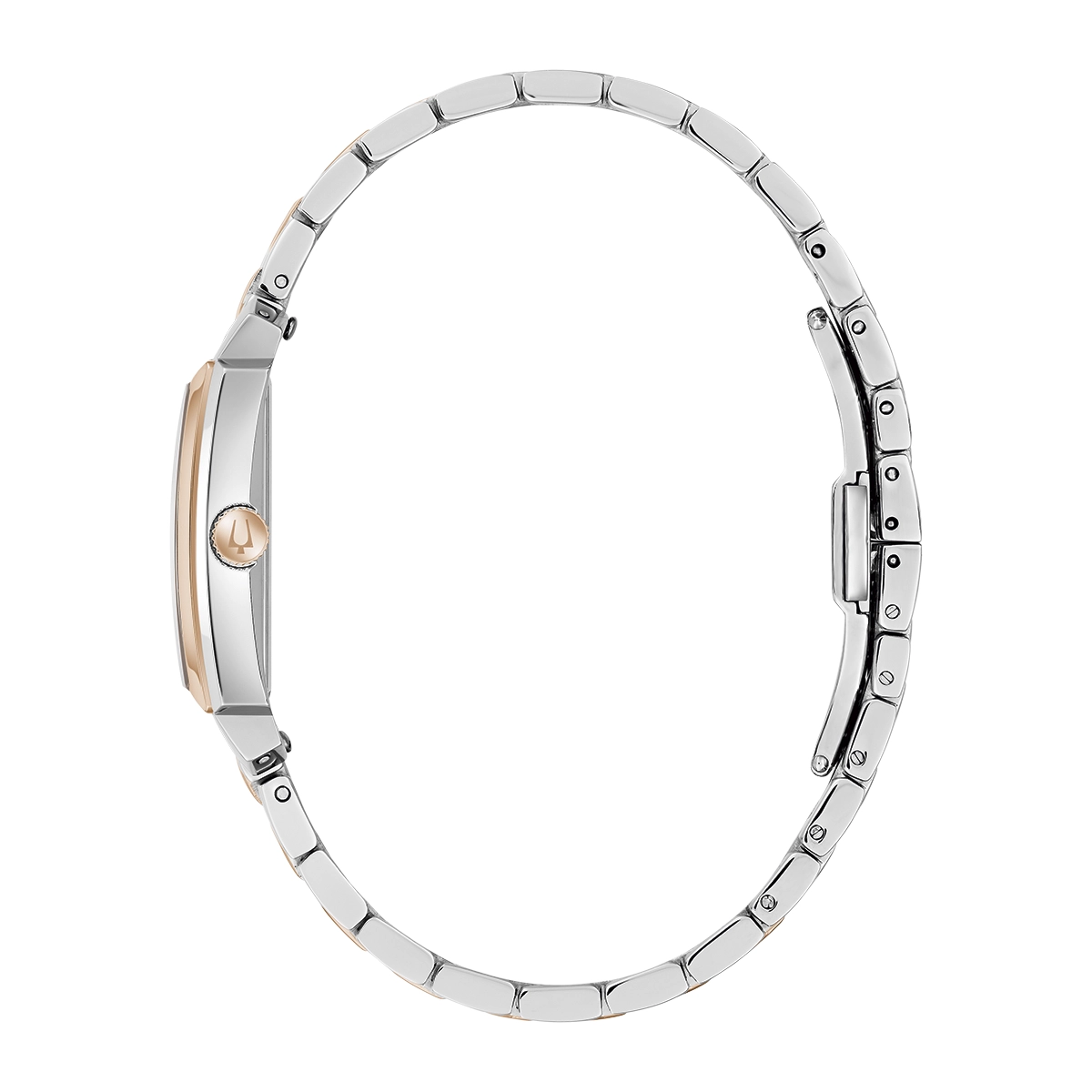 Reloj Bulova análogo, para Dama, tablero rectangular color blanco, estilo arábigos, pulso acero colores plateado y rosa