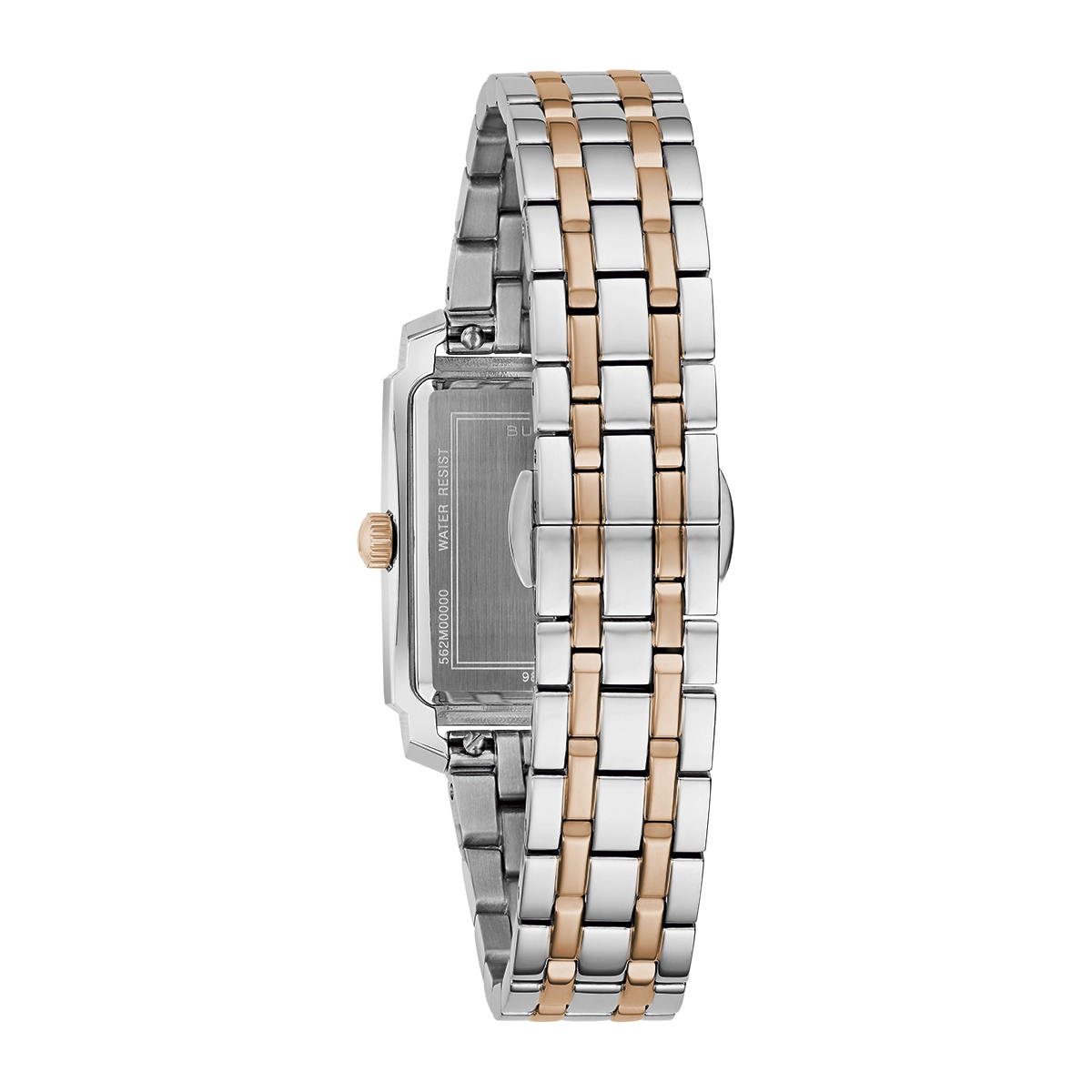 Reloj Bulova análogo, para Dama, tablero rectangular color blanco, estilo arábigos, pulso acero colores plateado y rosa