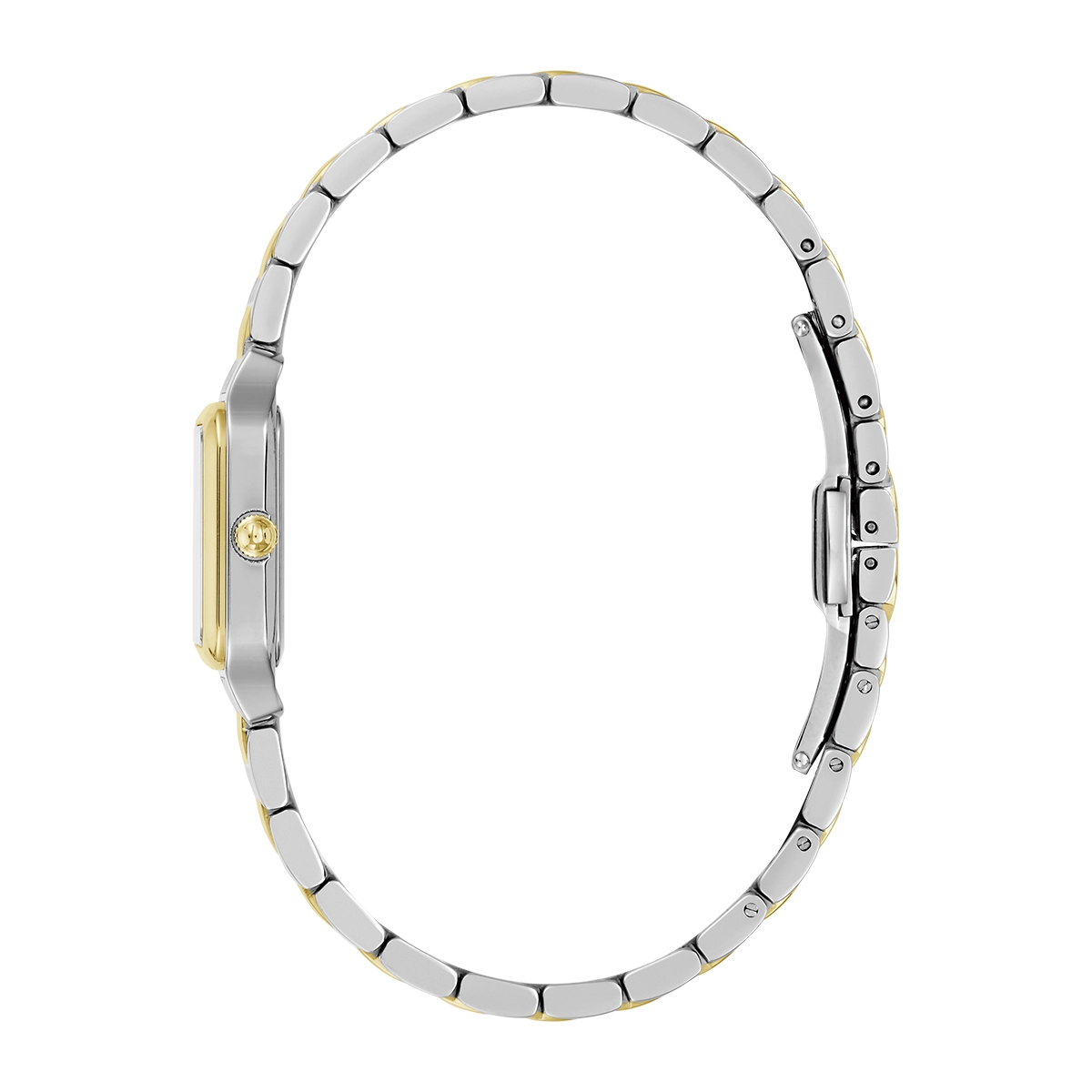 Reloj Bulova análogo, para Dama, tablero cuadrado colores plateado y dorado, estilo index, pulso acero colores plateado y dorado