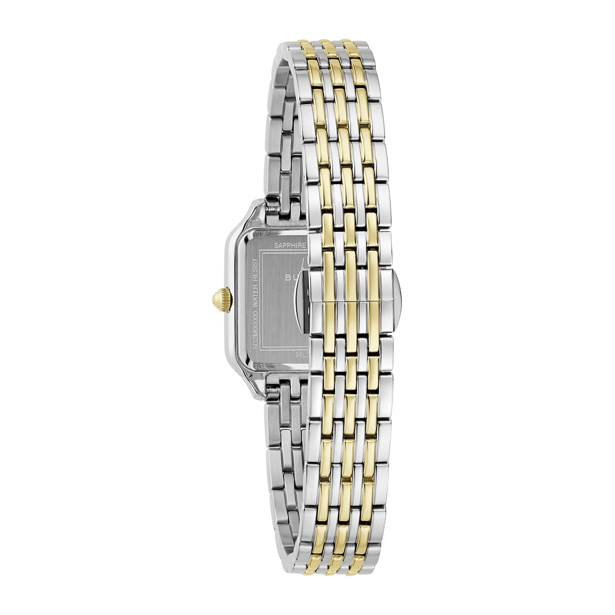 Reloj Bulova análogo, para Dama, tablero cuadrado colores plateado y dorado, estilo index, pulso acero colores plateado y dorado