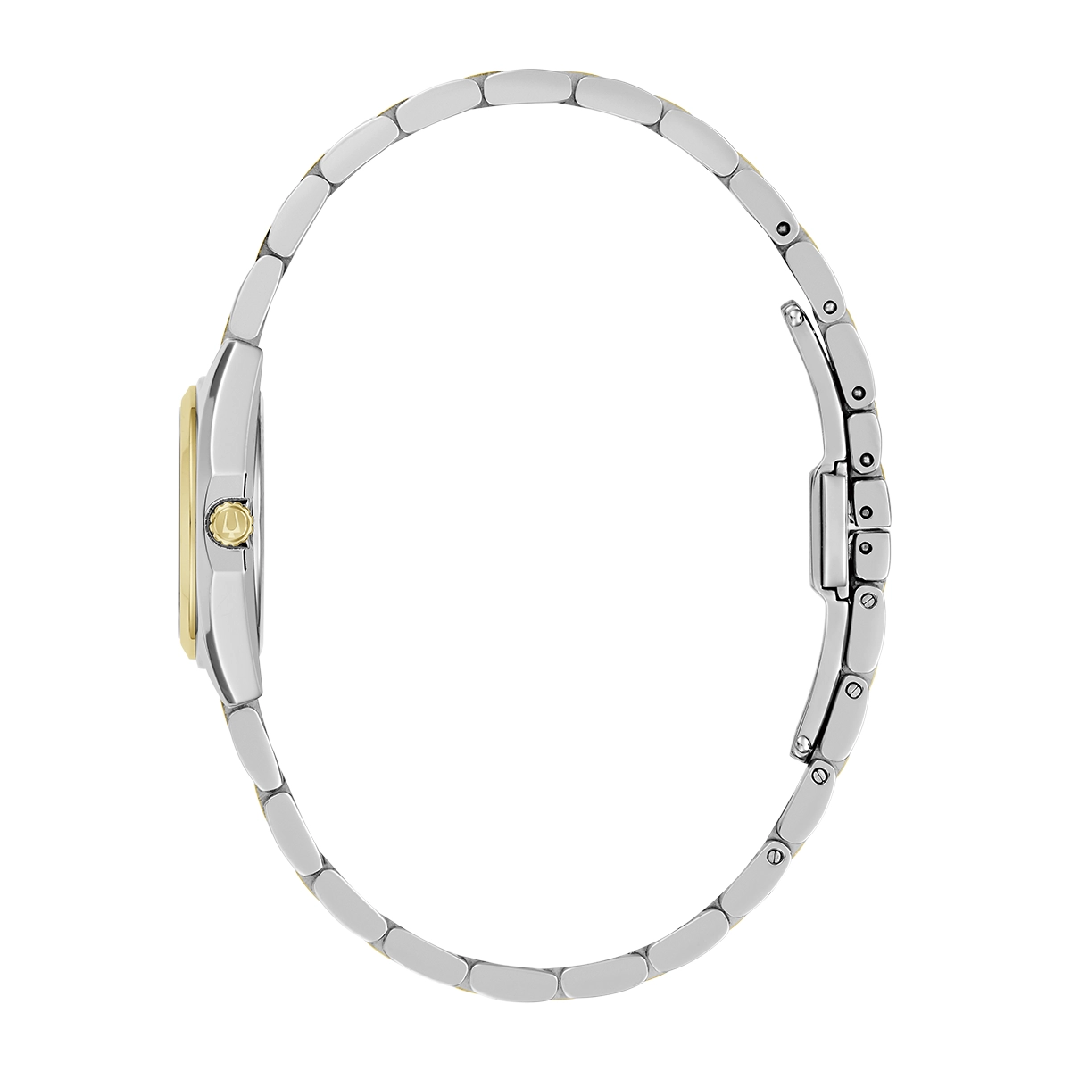Reloj Bulova análogo, para Dama, tablero redondo color blanco, estilo index, pulso acero colores plateado y dorado