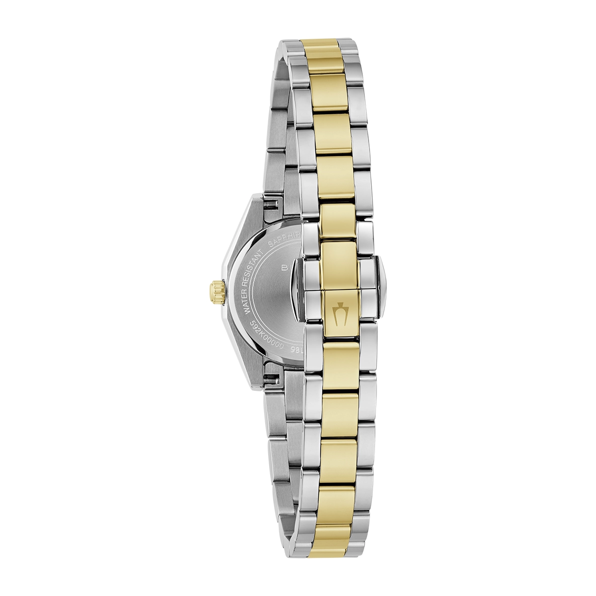 Reloj Bulova análogo, para Dama, tablero redondo color blanco, estilo index, pulso acero colores plateado y dorado
