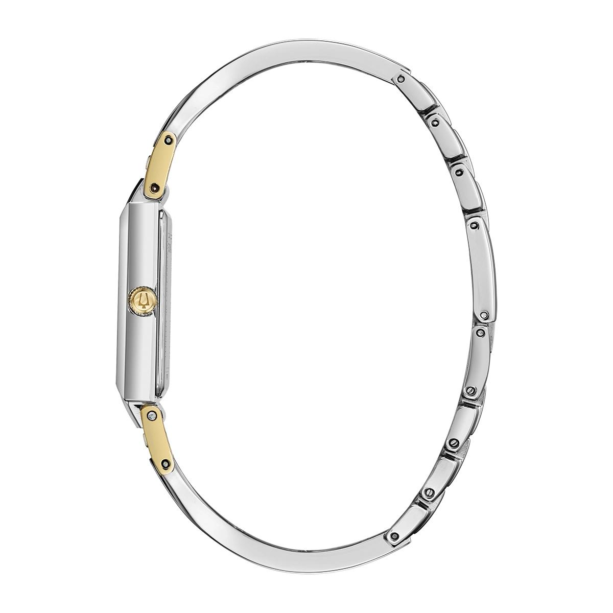 Reloj Bulova análogo, para Dama, tablero rectangular color blanco, estilo puntos, pulso acero color plateado