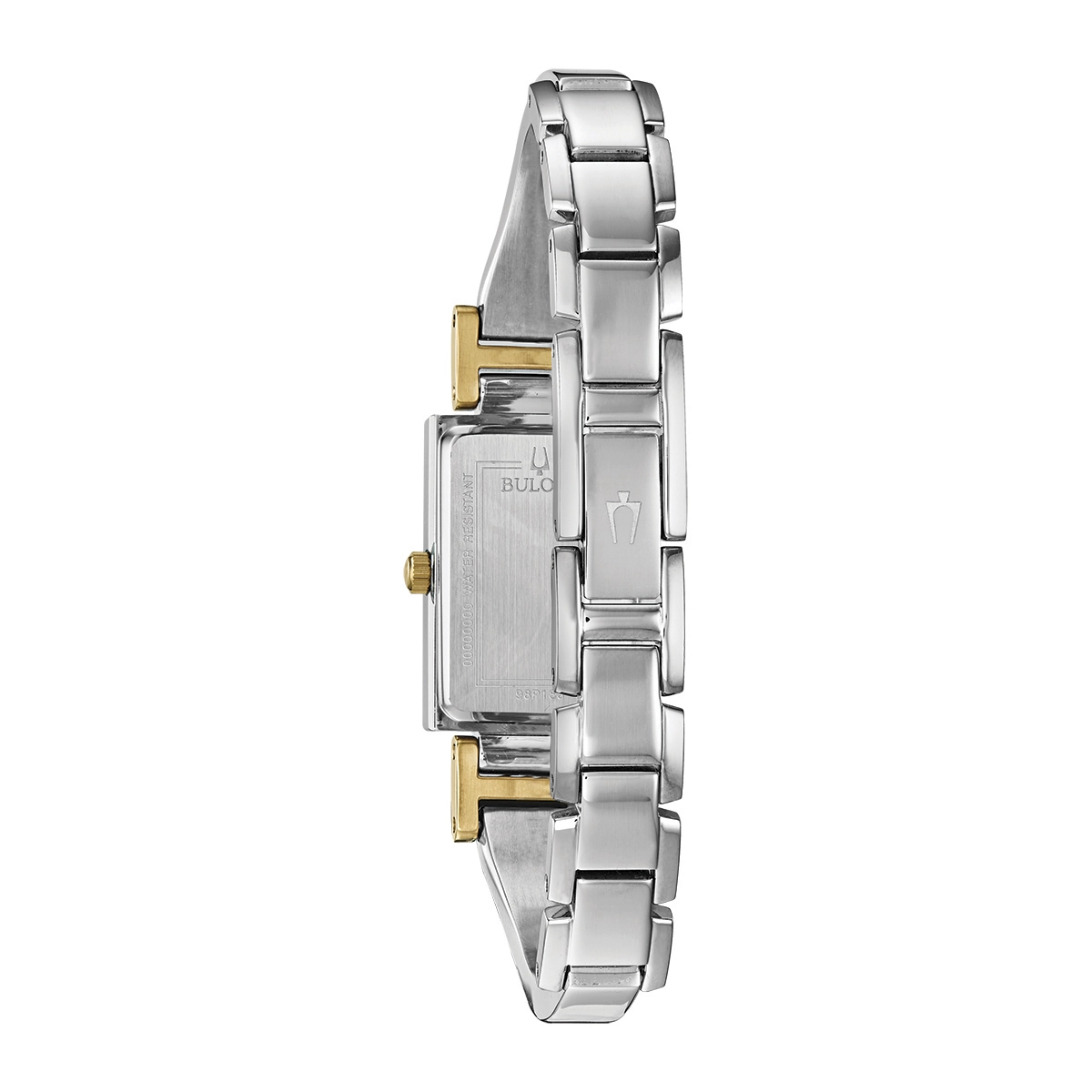 Reloj Bulova análogo, para Dama, tablero rectangular color blanco, estilo puntos, pulso acero color plateado