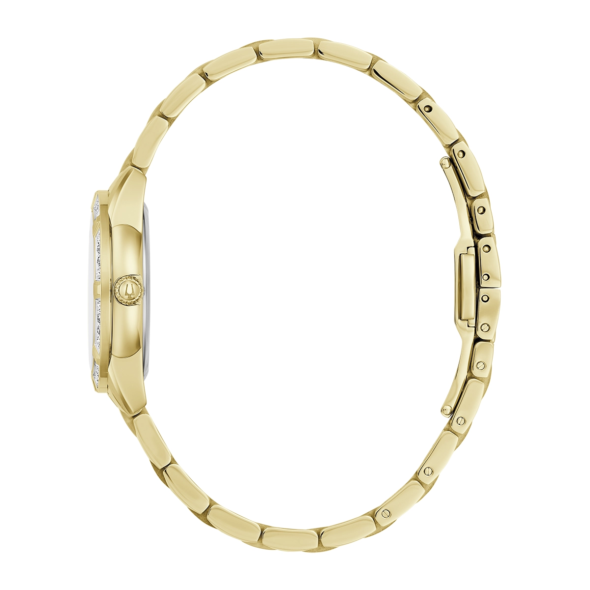 Reloj Bulova análogo, para Dama, tablero redondo color blanco, estilo index + puntos, pulso acero color dorado