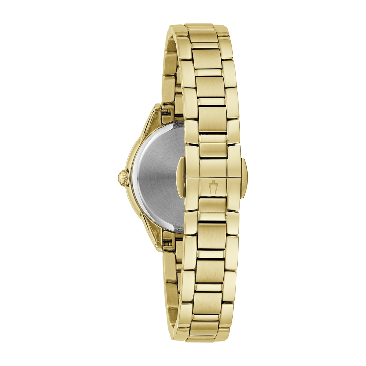 Reloj Bulova análogo, para Dama, tablero redondo color blanco, estilo index + puntos, pulso acero color dorado